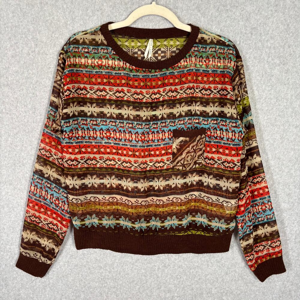 Cotton Candy Top Womens Small Blouse Knit Trim Aztec Southwestern Fair Isle Boho
